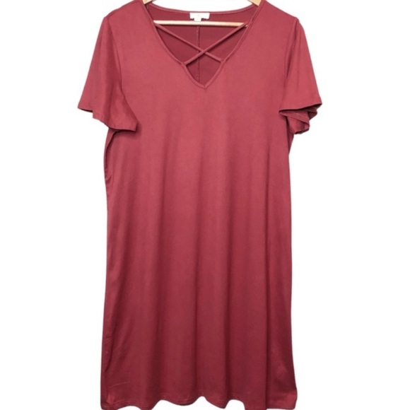 Charming Charlie Rusted Burgundy Short Sleeve V-neck Lace Cross Shirt Dress - Picture 1 of 16